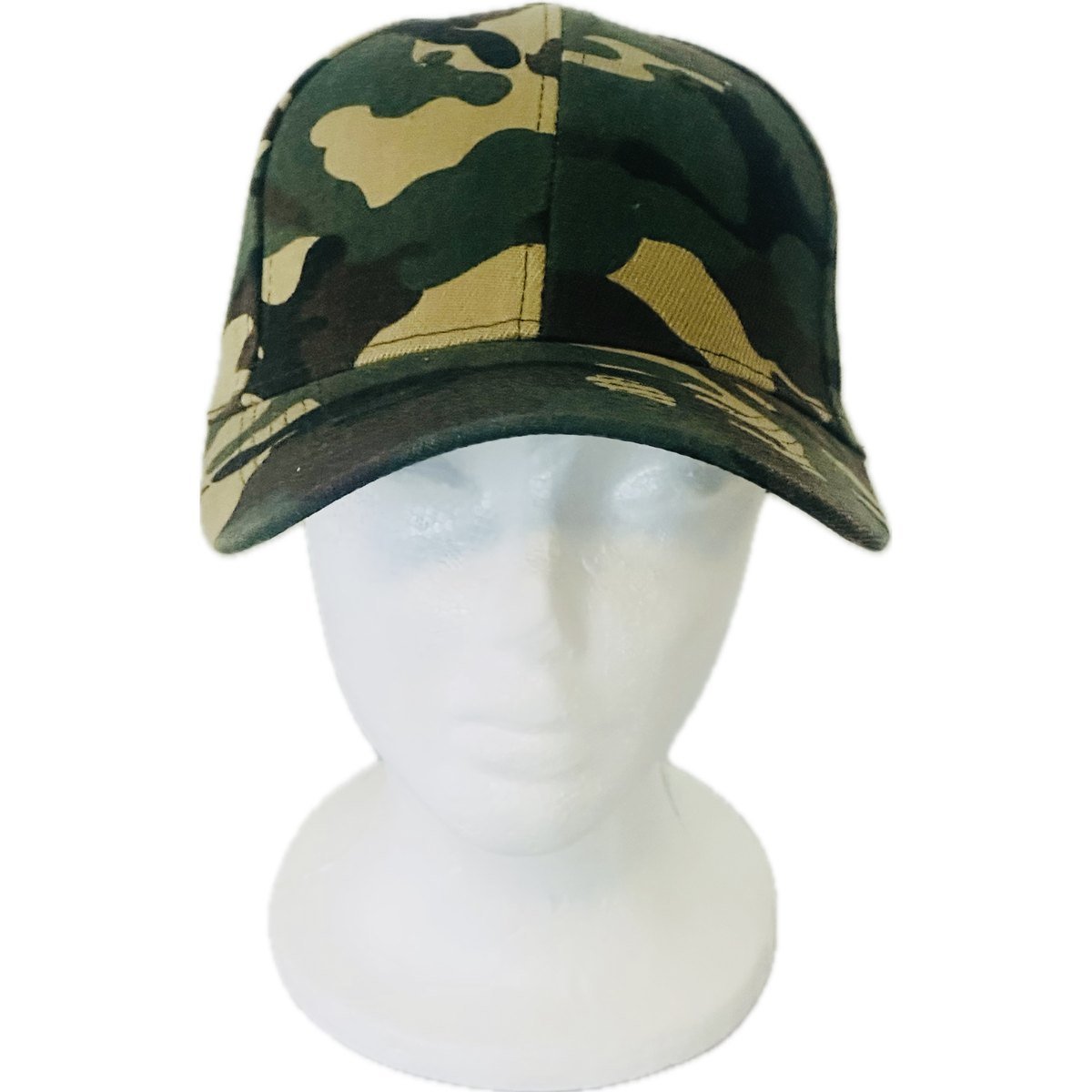 Woodland camo cap on a mannequin, front view