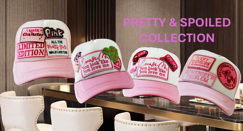 Pretty & Spoiled Collection: pink and white truckers with playful pink patches